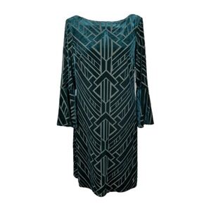 Vince Camuto Velvet Burnout Dress Size 10 Mini Green Flare Sleeve Art Deco‎ Glam